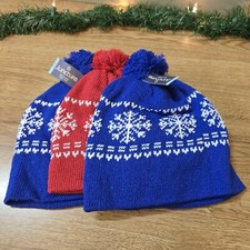 3 Set Winter Ski Hat Pom Beanie Snowflake Blue  Red Lined Snow Cap BRAND NEW.