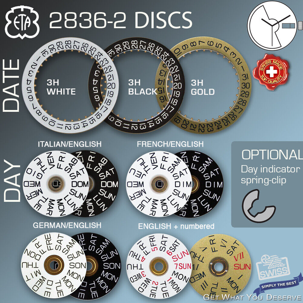 DAY + DATE DISCS FOR MOVEMENT AUTOMATIC ETA 2836-2 , BLACK, WHIT