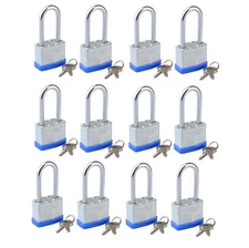 Lot of 12 Piece 40mm Laminated Pad Locks Keyed the Same Alike Long Shackle 