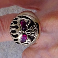 Vintage Flaming Half Skull Ring Size 9.25 Red Faceted CZ Eyes Handmade by Artist