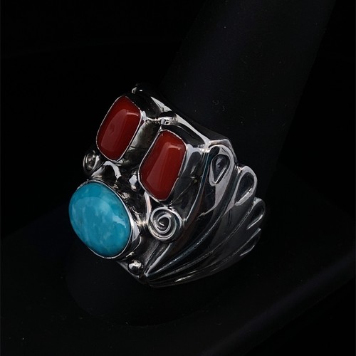 Navajo Mens Ring Hallmarked Turquoise and Coral Stones 16.5g Size 11 (WCP031245) - Picture 4 of 6