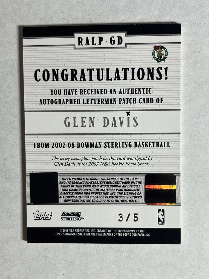 Parche automático Glen Davis Bowman Sterling Letterman 2007-08/5 Celtics Foto 2 de 2