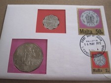 1972 MALTA 50 CENT & 2 MIL UNCIRCULATED COINS KM5, KM12 PNC COVER