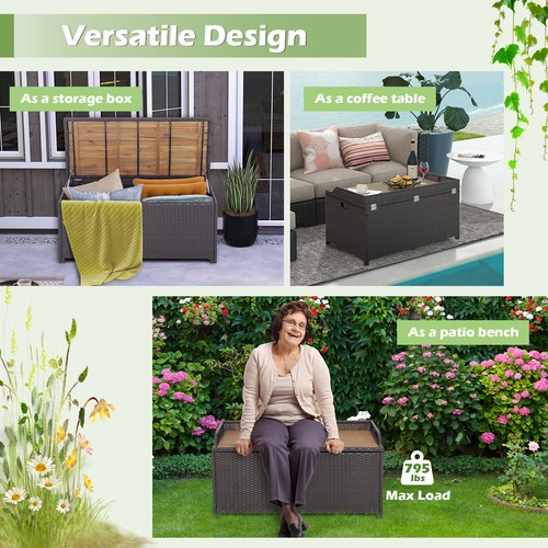 Patio Garden Wicker Deck Box W/Acacia Wooden Seat Storage Bench Poolside - Picture 6 of 7