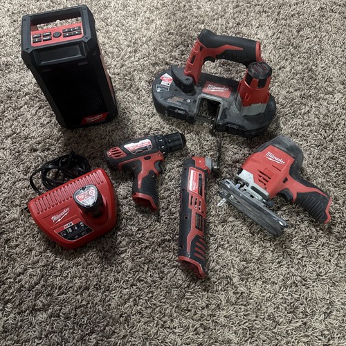 Milwaukee M12 5-Tool Set Drill, Multi-tool, Bandsaw, Jigsaw, Radio Plus Batt