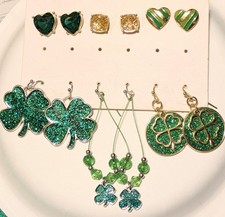 4 Leaf Clover Lot Earrings Hypo Allergenic St Patrick's Day Green Sparkle Gold