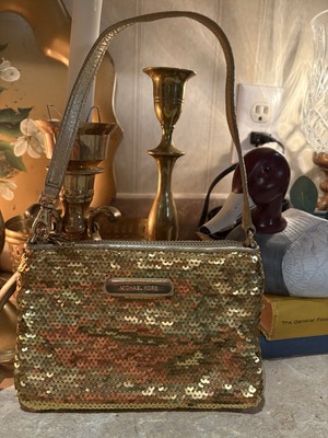 Michael Kors Gold Pebble Grain Leather & Sequence Wristlet W Strap