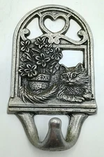Vintage Antique Silver Finish Metal Cat Sitting In Window Leash Hook Keys Cute