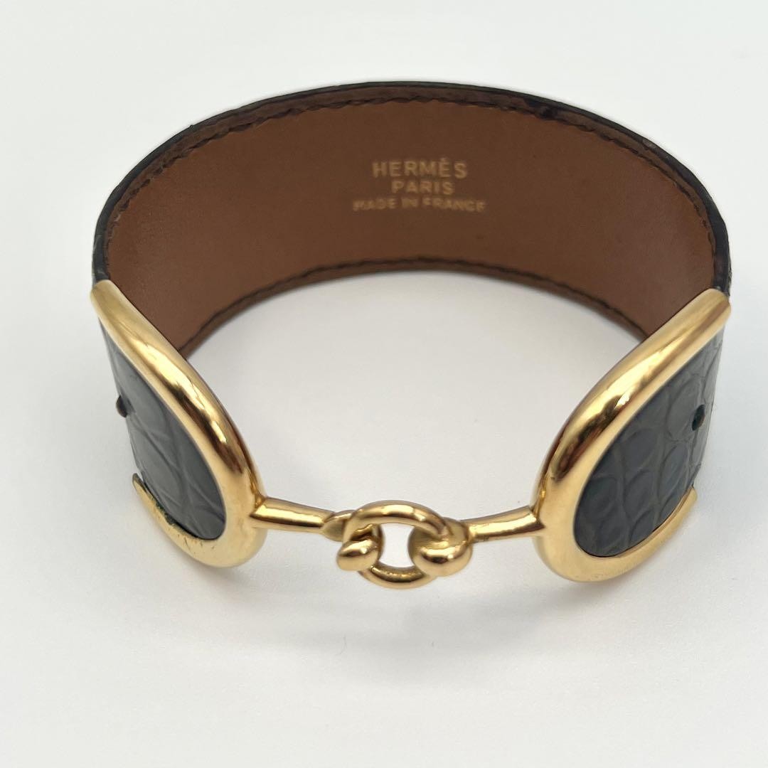 Hermes Crocodile Bangle Unisex Leather Black Excellent Used No Box 2.5cm