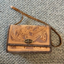 Vintage Hand Tooled Handbag Purse Floral Genuine Leather Embossed Mexican Boho