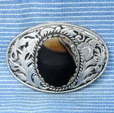 Western Scroll Belt Buckle Coffee  Cream Agate Cowgirl Cowboy Vtg 80s .CPA861