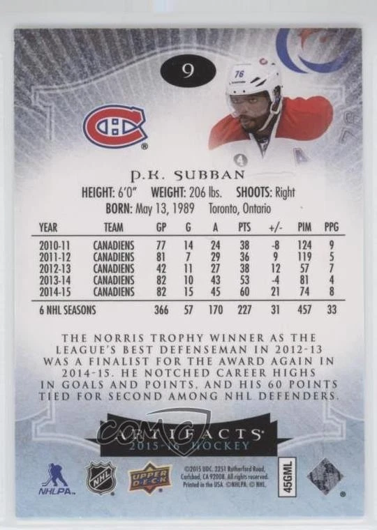 2015-16 Upper Deck Artifacts Emerald /99 PK Subban #9 - Image 2 of 2