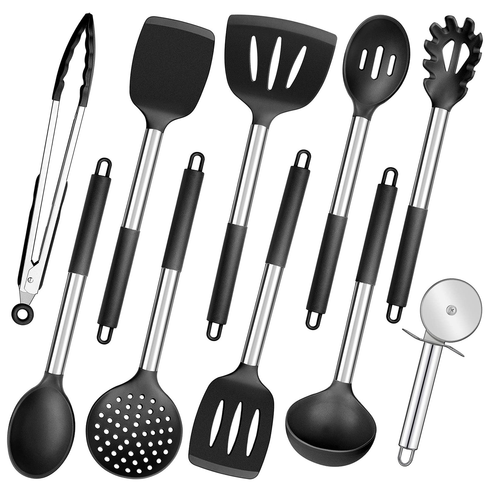 Black Kitchen Utensils Set of 10, Heat-resistant Silicone Cooking Utensil wit...