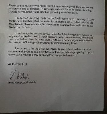 ORIGINAL AUTOGRAMM ISAAC HEMPSTEAD WRIGHT Game of Thrones