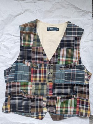 Größe L - Vintage Polo Ralph Lauren Patchwork Madras Vest Utility Weste Selten