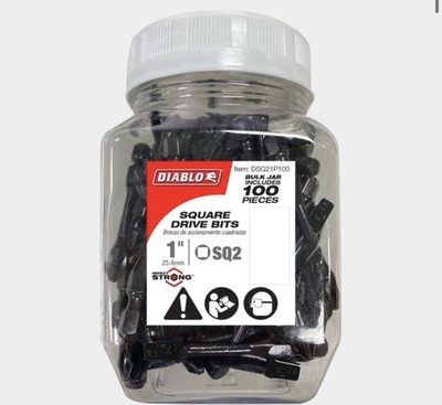 Diablo 1  SQ2 Sq Drive Bits Bulk Jar 100 Pk Impact Strong Driver Bits DSQ2P100