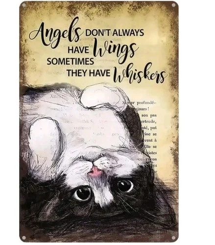 Vintage Cat Tin Sign "Angels Have Whiskers" Quote Metal Wall Art Decor Gift 12x8