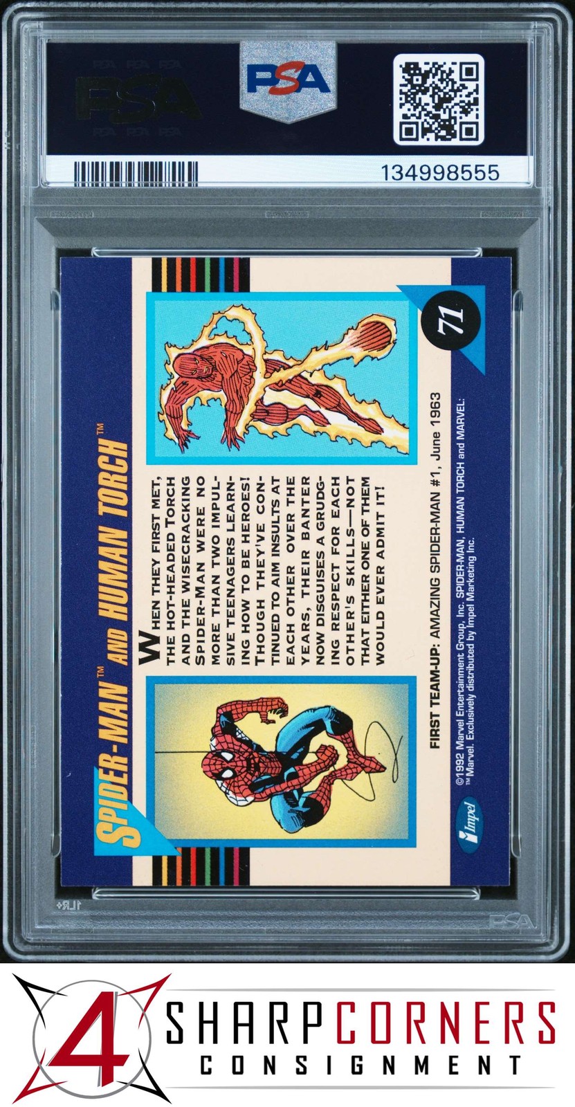 1992 MARVEL UNIVERSE #71 SPIDER-MAN AND HUMAN TORCH PSA 10 view 2