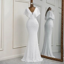 Sexy Deep V Neck White Mermaid Evening Dresses Beading Prom Gowns Customized