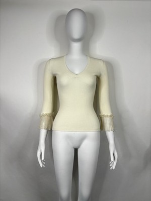 Alexander McQueen Ivory Ribbed Ruffle Trim Knit Top XXS