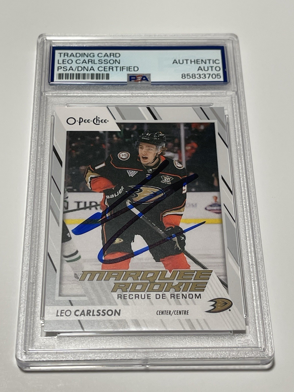 Leo Carlsson Signed Card Slabbed PSA DNA PSA/DNA Marquee Rookie Ducks IP Auto b view 1