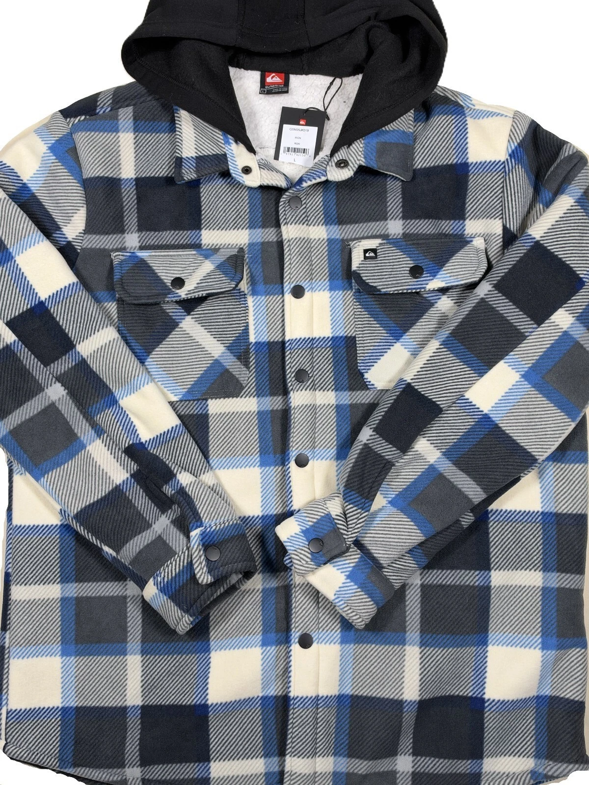 Quiksilver Men's Sherpa Lined Fleece Shacket Large Cream Gray Blue Plais - NWT image 1