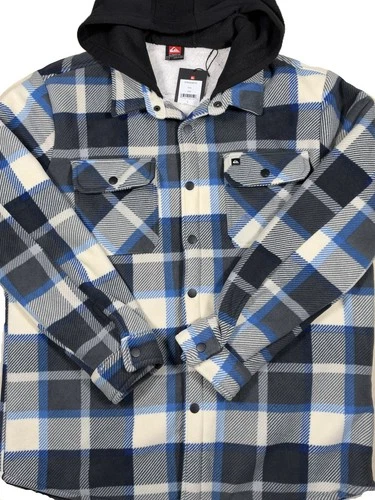 Quiksilver Men's Sherpa Lined Fleece Shacket Large Cream Gray Blue Plais - NWT video thumbnail