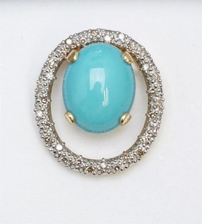 Cabujón turquesa azul ovalado de oro amarillo de 14K con colgante de diamantes