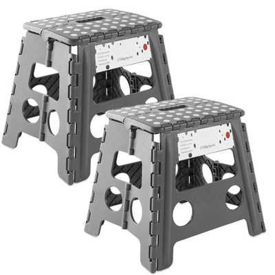 2 Pack - 13'' Folding Plastic Step Foot Stools with Handle - Gray