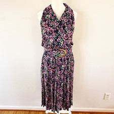 Vintage Women 80s 90s Ditsy Floral Belted Sleeveless Midi Dress Feminine Party