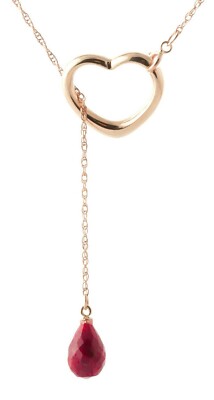 14K. MASSIVE GOLD HERZ HALSKETTE MIT TROPFEN BRIOLETTE NATUR RUBIN