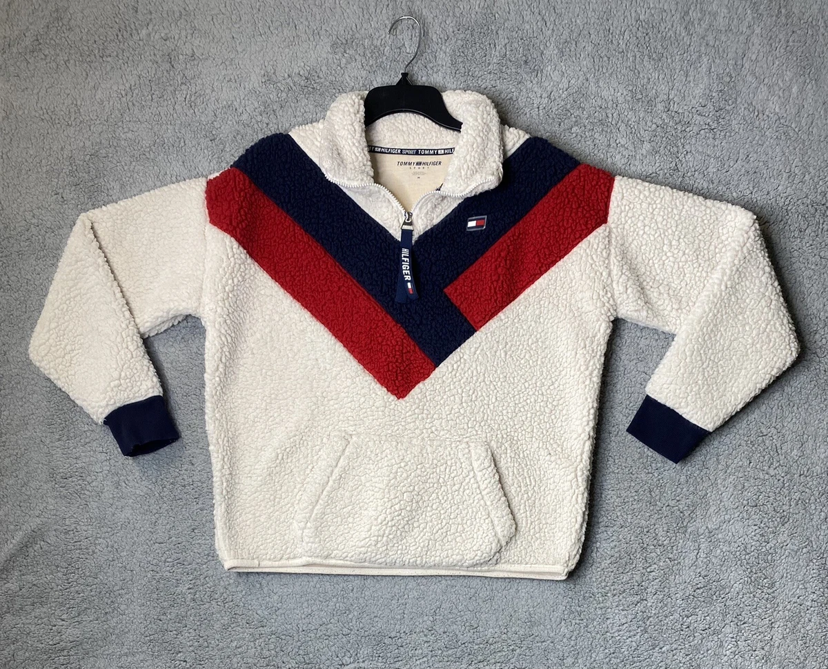 Tommy Hilfiger Sport Cream Blue Red 1/4 zip Sherpa Pullover Sweater Women's  Sz M | eBay