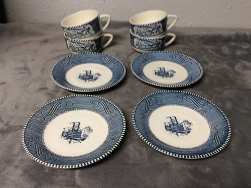 4 Currier & Ives Royal China Blue Cup and Saucer Sets Old Grist Mill - Picture 2 of 18