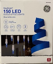GE StayBright 150 Icicle Light String Holiday Christmas Blue LED On White Wire