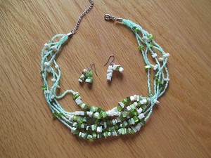 Five Strand Necklace and Pierced Earring Set with Green Stones