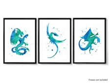 Set of 3 Watercolour Blue and Green Dragon Prints
