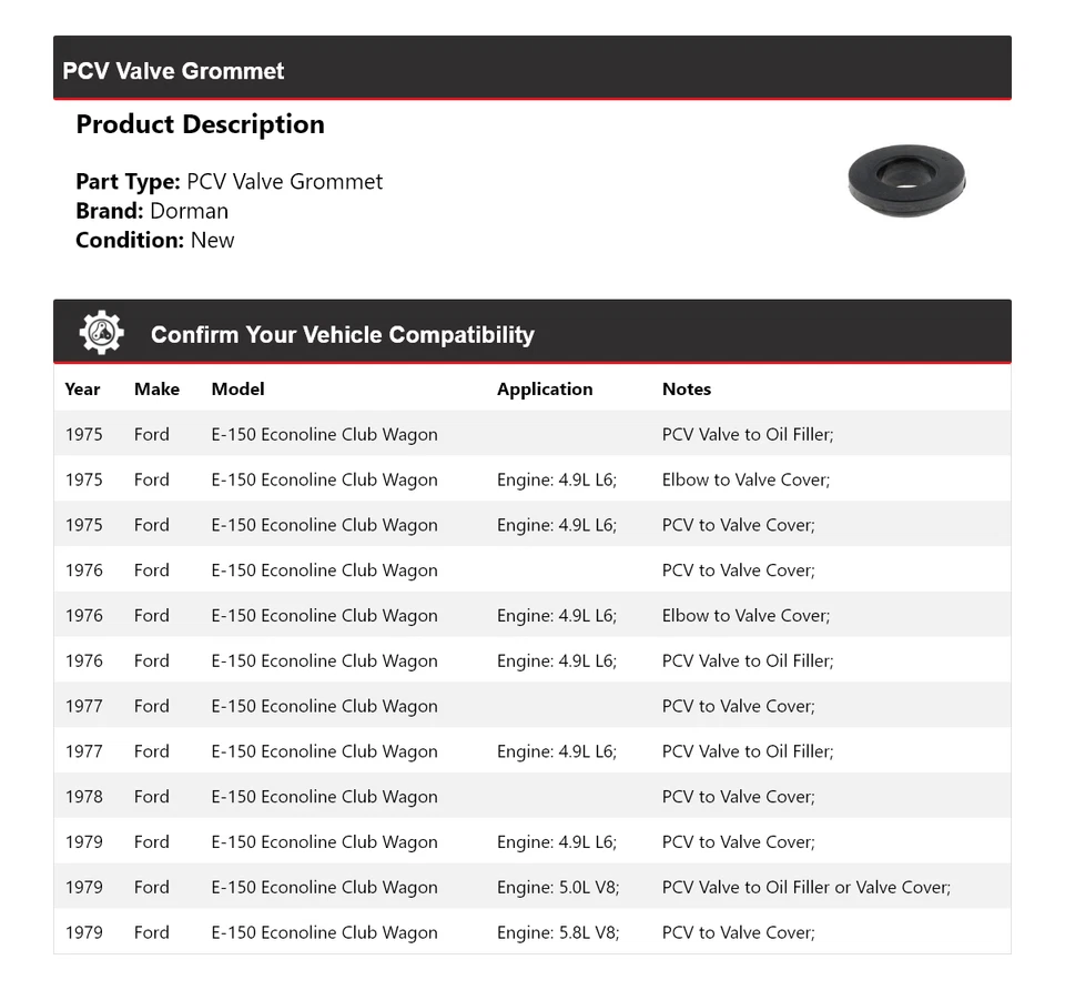 Para Ford E-150 Econoline Club Wagon 1975-1979 Dorman PCV válvula ojal 1976 1977 Foto 2 de 4
