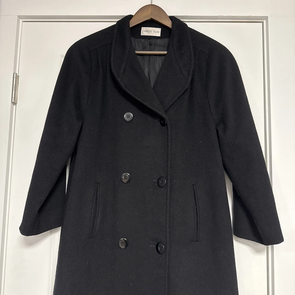 Abrigo largo largo de doble botonadura Charles Klein para mujer de mezcla de lana negro Foto 2 de 4