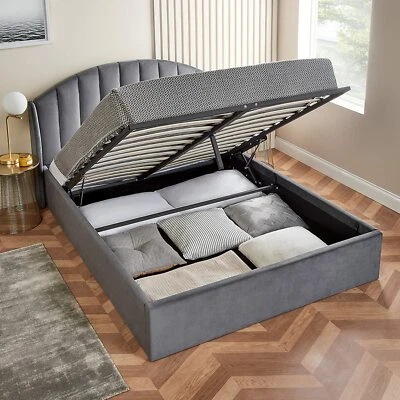 Bed Frame Winged Velvet Ottoman Storage Bed & Mattress Double King Size Bed