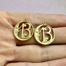 Vintage Lucky 13 Cresent Man In The Moon Pendants,Lucky Charm Gold Tone-Set Of 2