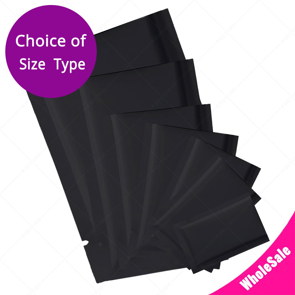 Matte Black Flat Foil Mylar Open Top Pouch Bag w/ Tear Notches - Assorted Sizes