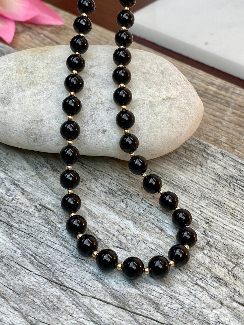 Black Tourmaline Smooth Round Gemstone Gold Filled Beads 24 - Main Image