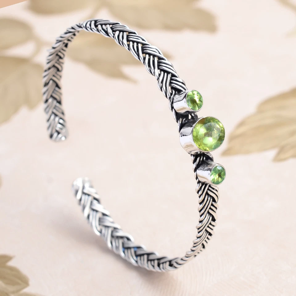 Green Peridot Cut Gemstone Bangle 925 Sterling Silver Handwork Gift Bracelet - Image 3 of 4