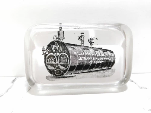 EARLY 1900S ANTIQUE GLASS ADVERTISING PAPERWEIGHT WILSON BOILERS GLASGOW REF2933