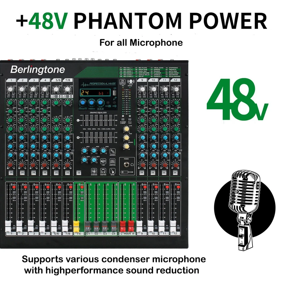 Berlingtone BR-212MX,12-Channel Professional Bluetooth Audio Mixer, 24 DSP EFX - Image 3 of 4