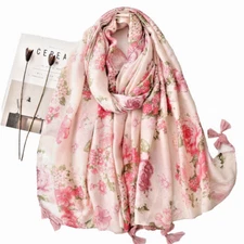 Womens Pink Floral Shawl Tassel Romantic Soft Flower Print Pashmina Wrap Scarf