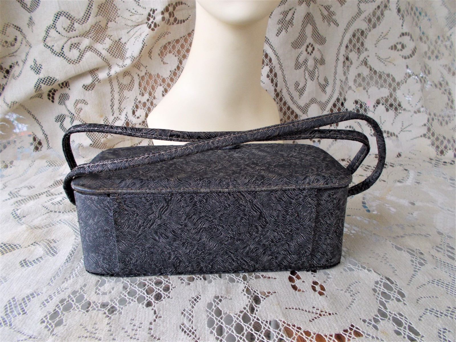 Vintage Black Gray Rectangular Handbag Purse Make… - image 3