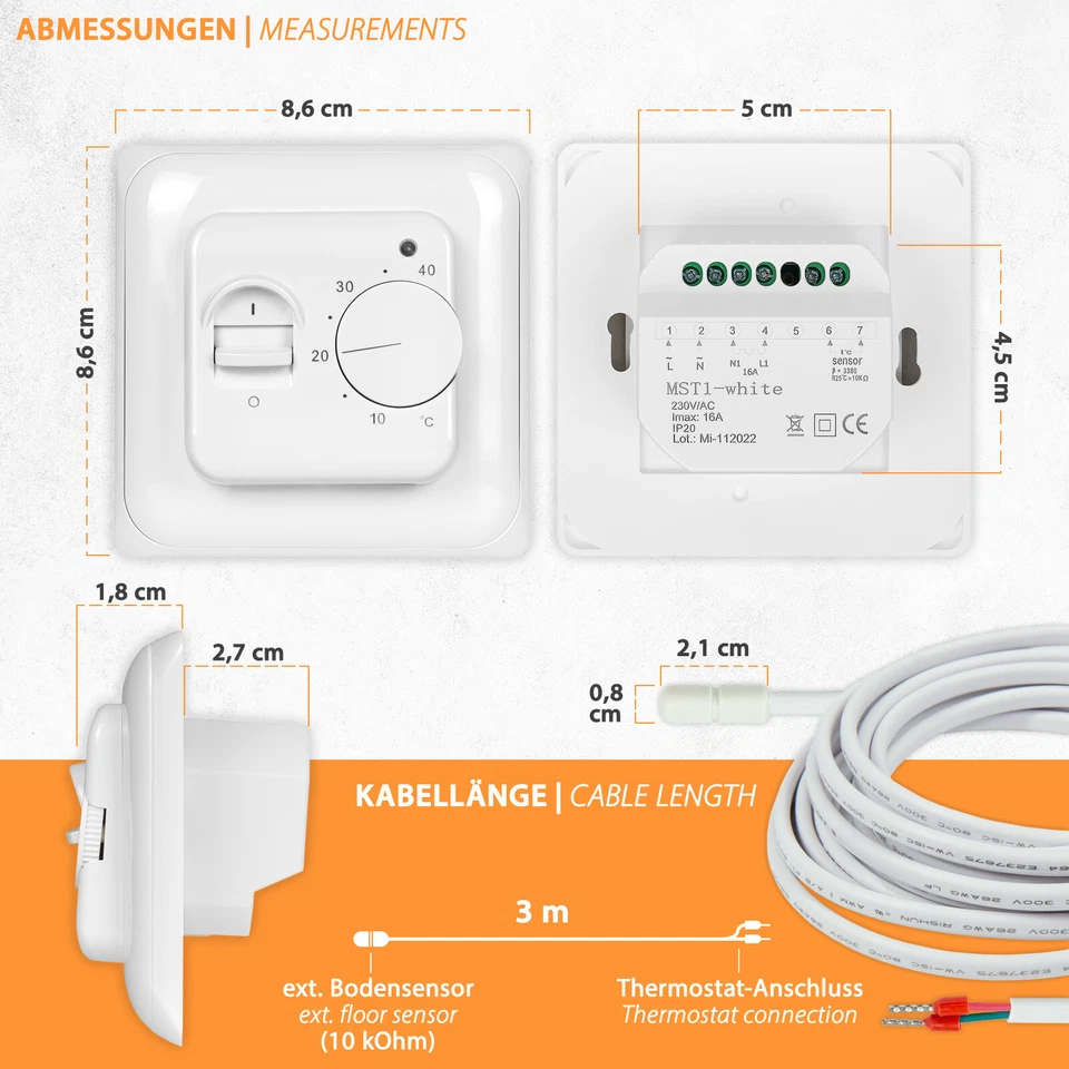 Thermostat Raumthermostat Temperaturregler weiß Analog 230V Fußbodenheizung - Bild 2 von 4