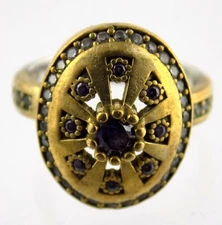 Vintage Sterling Silver and Brass Purple and White Glass Gem Ring 925 Size 8.25