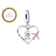 Passport And Plane Charm For Bracelet, Travel Charm, Heart Charm